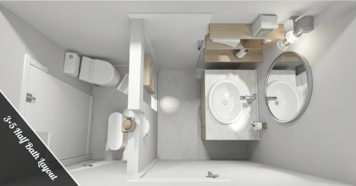 Floor plan showing a 3×5 half bath layout with toilet on one wall, corner sink opposite, and sliding pocket door.