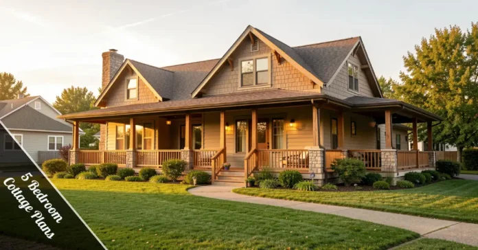 5 Bedroom Cottage Plans — cozy layout with porch, open great room, and five-bedroom family home design.