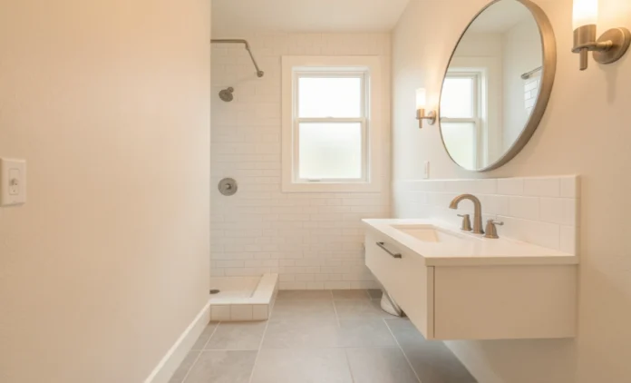 Freshly remodeled 5×10 Bathroom Remodel Cost with white tile shower, floating vanity, and gray floor tile showing a realistic remodel cost result