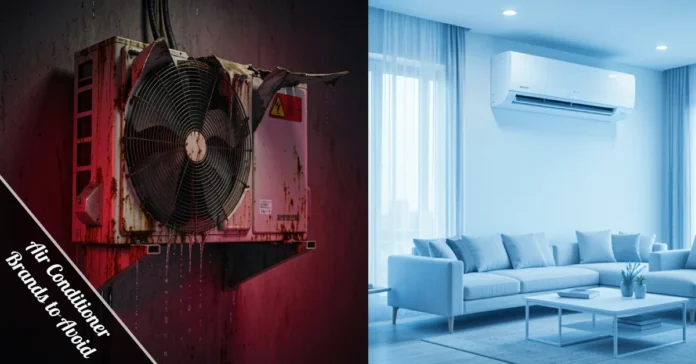Broken vs reliable AC unit showing air conditioner brands to avoid compared to trusted models