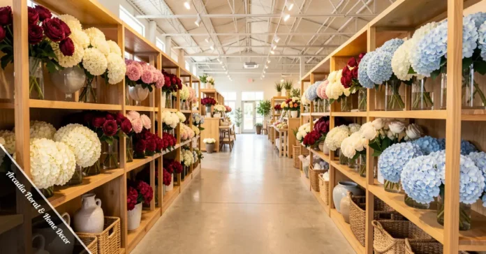 Inside Arcadia Floral and Home Decor showroom in Houston with silk flowers and permanent botanicals on display