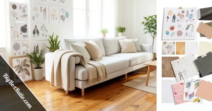 Stylish living room mood board with smartphone showing BigBoxRatio.com homepage for home design ideas.