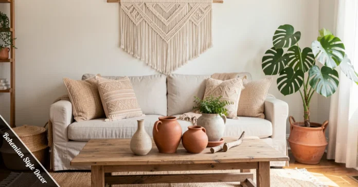 A warm bohemian style decor living room with layered rugs, monstera plant, macramé wall hanging, and rattan baskets