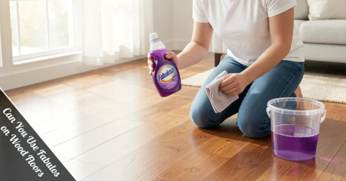 Can you use Fabuloso on wood floors? Woman cleaning sealed hardwood with purple cleaner and microfiber mop.