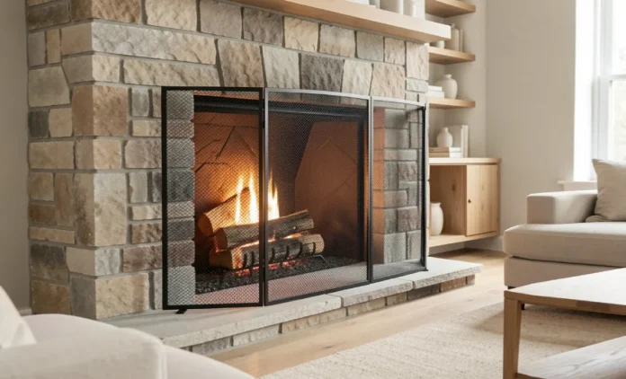 Cascade Home Décor custom metal mesh fireplace screen with satin black finish in a modern living room