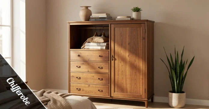Vintage wooden chifferobe with drawers and hanging space styled in a modern bedroom interior