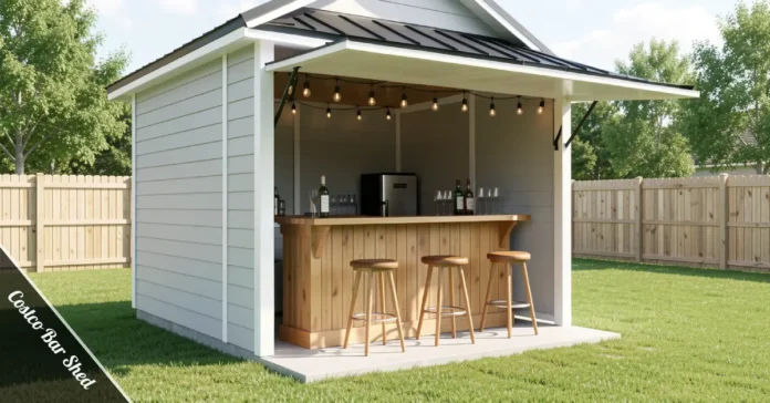 Costco Bar Shed open in a backyard with bar stools and drinks on the counter