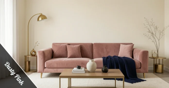 Dusty Pink velvet sofa in a bright modern living room with cream walls, gold decor, and navy blue throw blanket.