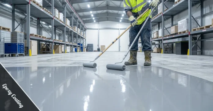 Worker applying epoxy coating on a concrete floor inside an industrial warehouse
