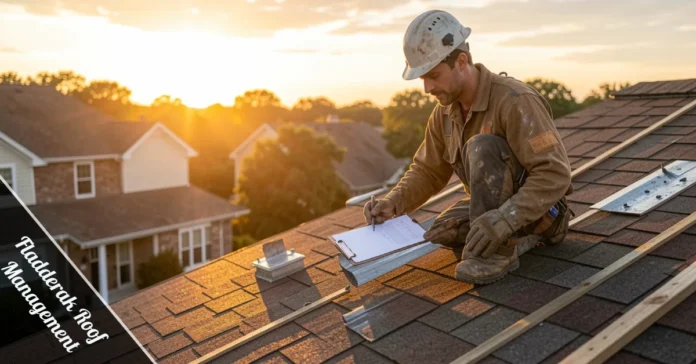 Fladderak Roof Management pro inspects residential roof shingles during routine maintenance check in spring season.