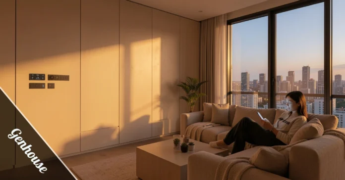 Genhouse smart living room with automated lighting and sleek modern furniture for connected home comfort.