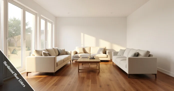 Warm medium-toned oak hardwood floor colors in a bright modern living room with natural light