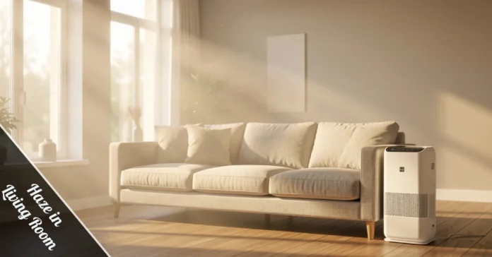Visible haze in living room with sunlight streaming through, showing airborne dust particles near a sofa.