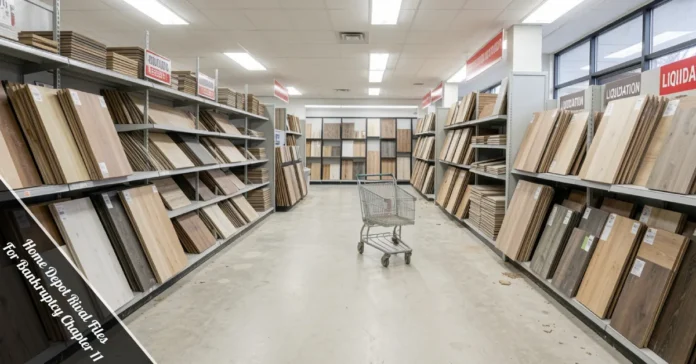 Liquidation sale in empty flooring store after Home Depot rival files for bankruptcy Chapter 11 store closures.