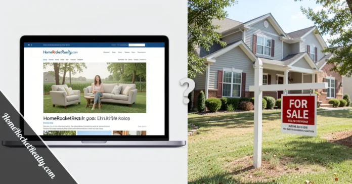 HomeRocketRealty.com lifestyle blog homepage shown on a laptop in a cozy home office setting