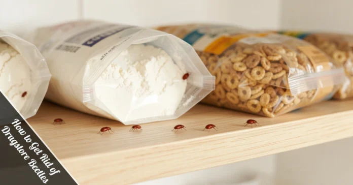 Drugstore beetles crawling on pantry shelf near flour — how to get rid of drugstore beetles at home