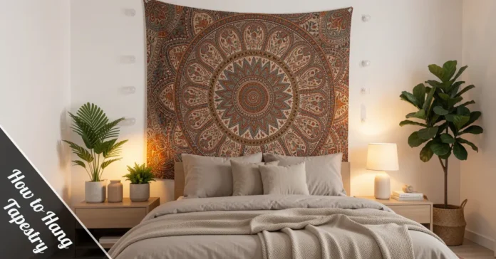 How to hang a tapestry on white wall using adhesive hooks damage-free rental friendly bedroom decor