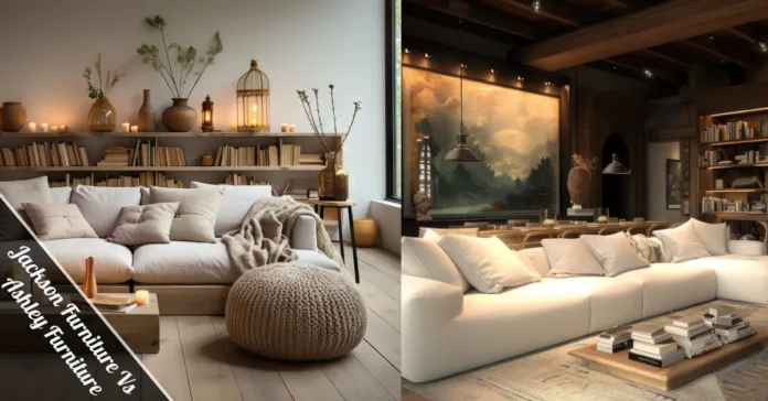 Jackson Furniture Vs Ashley Furniture side-by-side comparison showing classic vs modern living room styles.