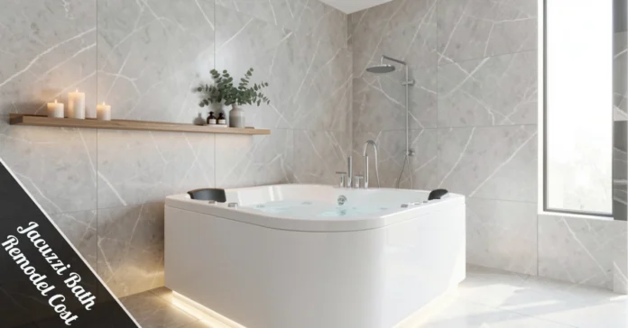 Luxury Jacuzzi bath remodel cost example featuring acrylic jetted tub with waterfall faucet and tile surround.