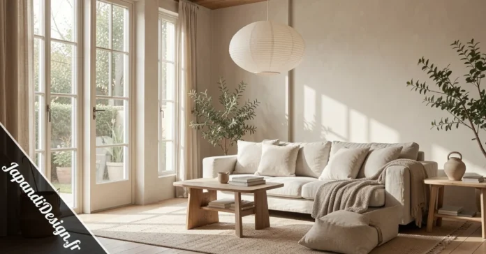 JapandiDesign.fr style living room with oak furniture, linen sofa, paper lamp, and earthy neutral palette.