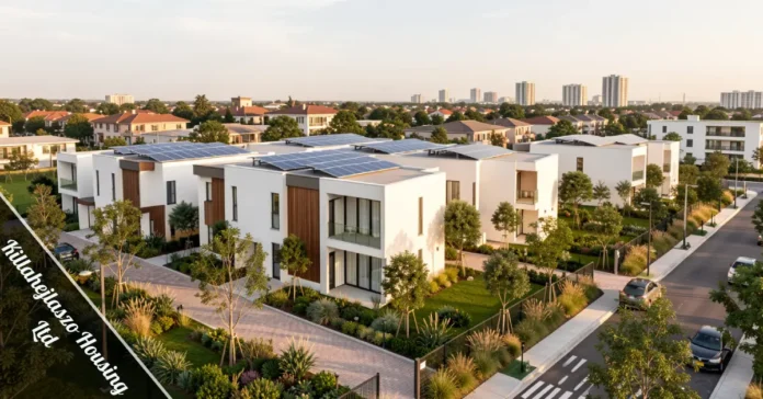 Killahejlaszo Housing Ltd sustainable housing development with solar panels and modern urban residential architecture.