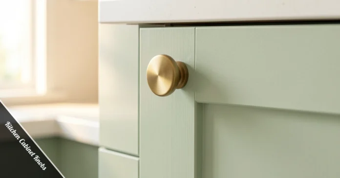 Round brushed brass kitchen cabinet knob on a white painted cabinet door in a modern kitchen