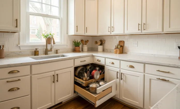Modern kitchen remodeling in Alexandria VA with white shaker cabinets and pull-out storage drawers