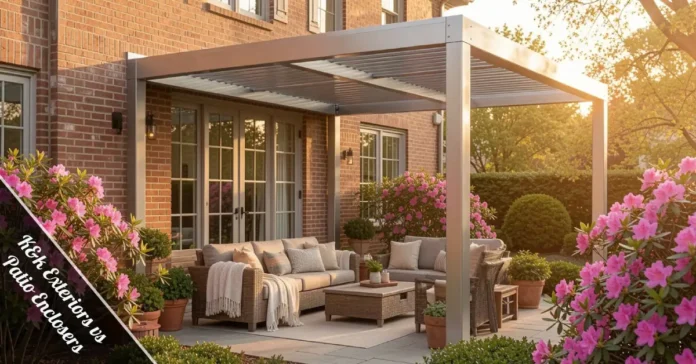 K&k Exteriors vs Patio Enclosers: aluminum patio cover on modern Augusta home with outdoor seating and lighting.