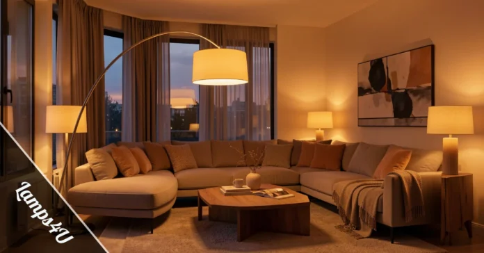 Lamps4U stylish floor lamp and table lamp in a cozy modern living room with warm layered lighting and contemporary interior design