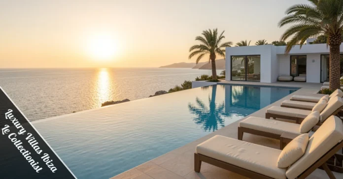 Luxury villas Ibiza Le Collectionist infinity pool overlooking Mediterranean Sea at golden hour sunset.