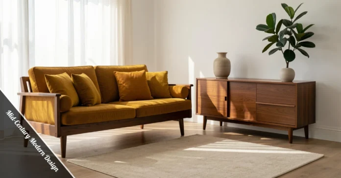 Mid-century modern living room with walnut furniture, mustard cushions, and a Sputnik chandelier