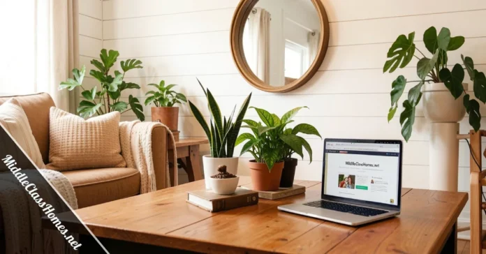 Modern rustic living room with laptop showing MiddleClassHomes.net website for home advice and design inspiration.