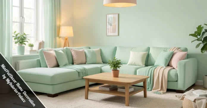 MintPalDecor Home Decoration by MyInteriorPalace cozy mint living room with sofa and lamp.