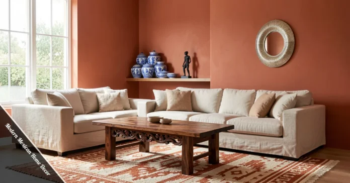 Modern Mexican home decor living room with Talavera pottery, carved wood table, and woven rug on terracotta walls