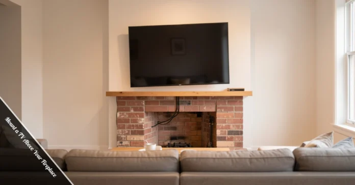 A flat-screen TV mounted above a brick fireplace using a full-motion wall mount in a modern living room