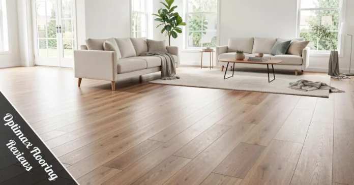 Optimax Flooring Reviews – installed wood-tone vinyl plank floor in a modern, sunlit living room with scratch-resistant finish.