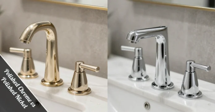 Polished Chrome vs Polished Nickel fixtures side by side showing warm gold tones versus cool mirror shine.