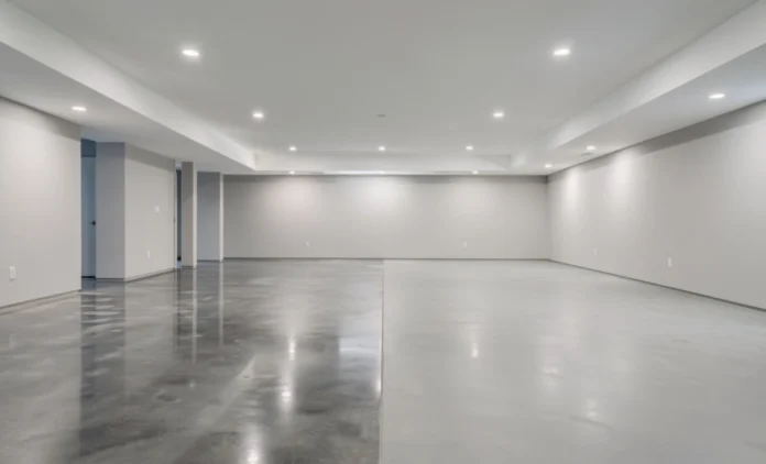 Side by side comparison of polished vs sealed concrete floors in a basement setting