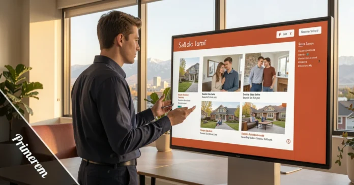 Primerem real estate agent helping a first-time homebuyer review property options in a modern Utah brokerage office.