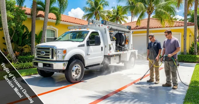 Pressure cleaning truck in Miami with clean driveway. The Profits of Pressure Cleaning Services Miami are real and achievable.