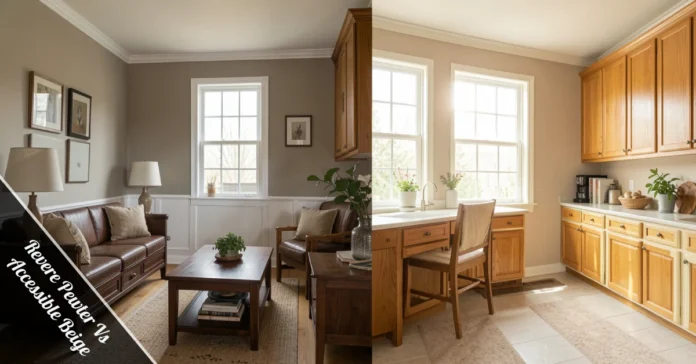 Split living room showing Revere Pewter vs Accessible Beige paint colors side by side in natural light