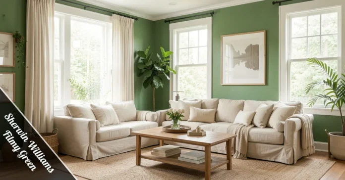 Sherwin Williams Filmy Green on living room walls with natural light and modern decor.