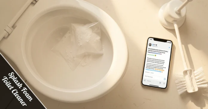 Splash foam toilet cleaner bag next to a toilet brush and phone with a negative review visible on screen.