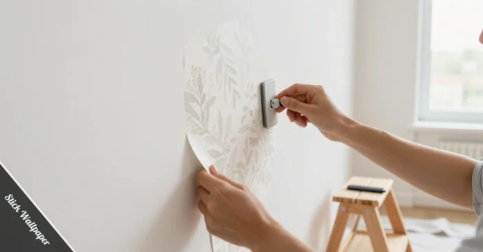 A person applying peel and stick wallpaper to a smooth white wall in a bright modern room