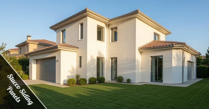 Close-up view of durable stucco siding panels on a residential home showing smooth texture and neutral color finish.