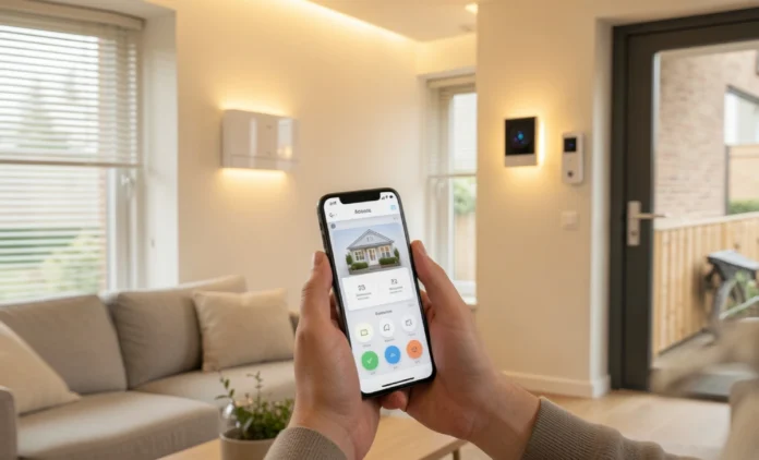 A person controlling a Techoelite smart home setup using a smartphone app in a modern living room