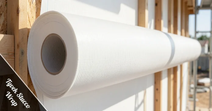 Tyvek Stucco Wrap installed on exterior wall showing grooved drainage plane surface before stucco application