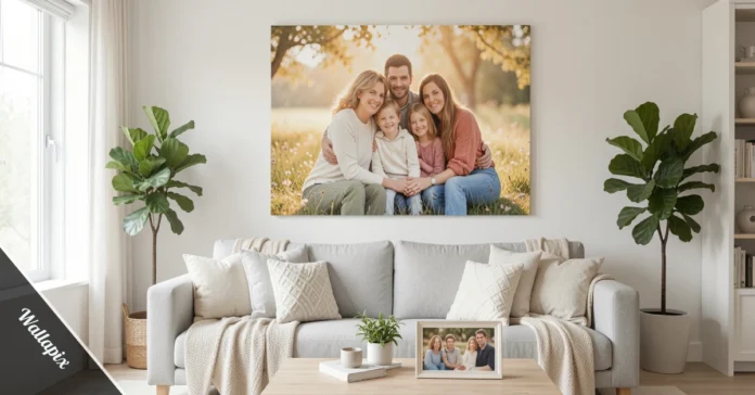 Wallapix custom canvas print hanging in a modern living room above a gray couch