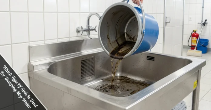 Which type of sink is used for dumping mop water — a floor-level service sink with mop bucket in a commercial cleaning facility.