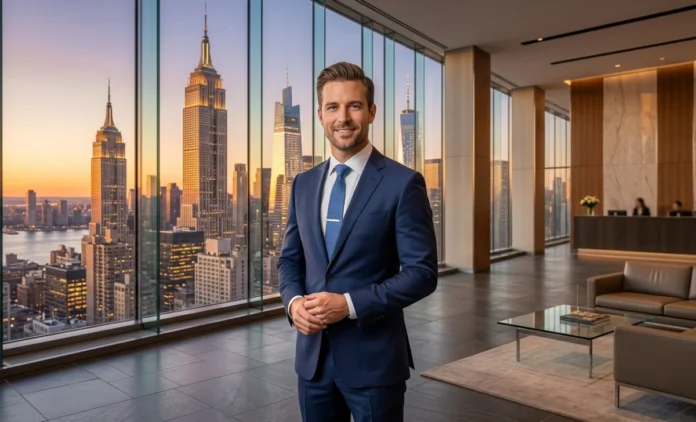 Alexander Boriskin of Douglas Elliman Real Estate standing in front of the New York City skyline